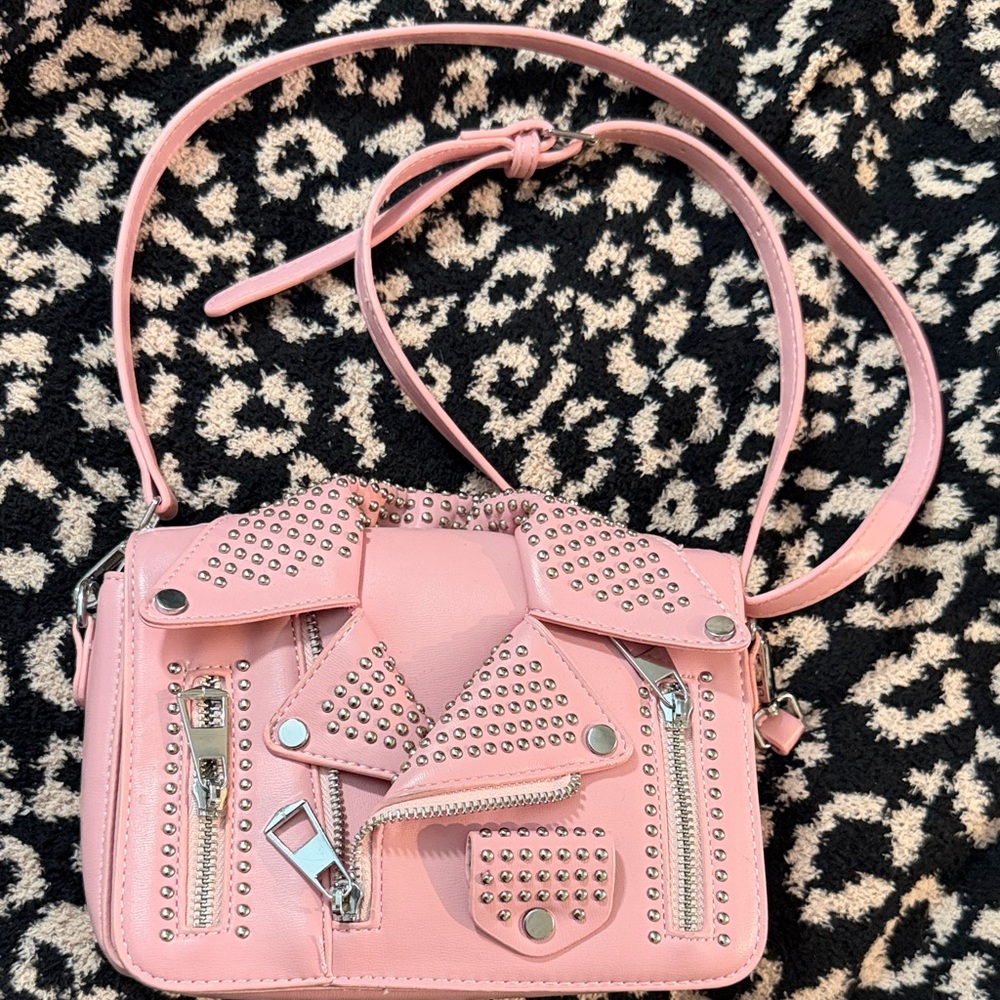 Pink Studded leather jacket Crossbody Bag - Women's Fashion Shoulder Bag